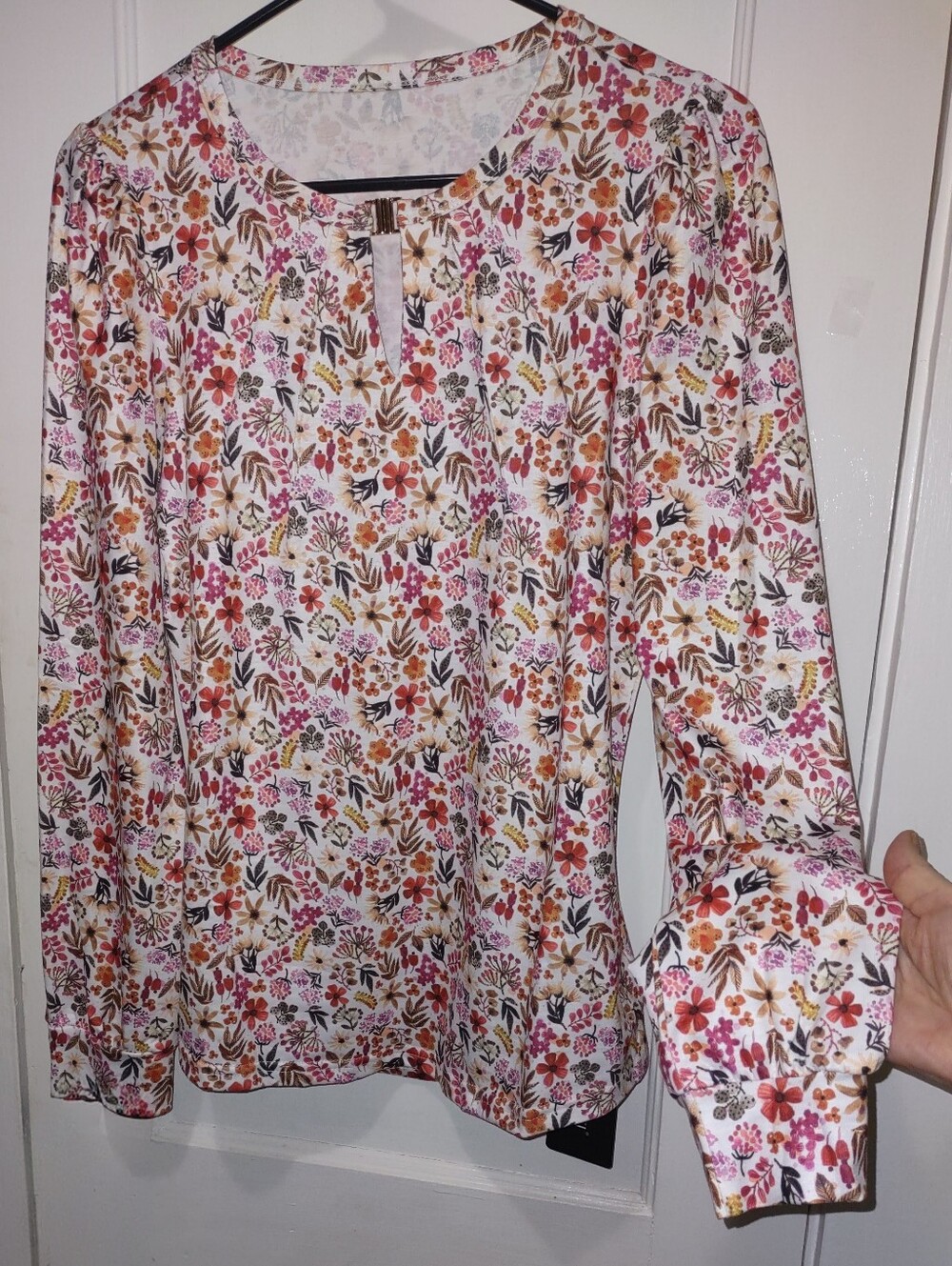 White, Orange ,Pink Floral Pattern Top Gold Interlocking Neck Hook, Long Sleeve